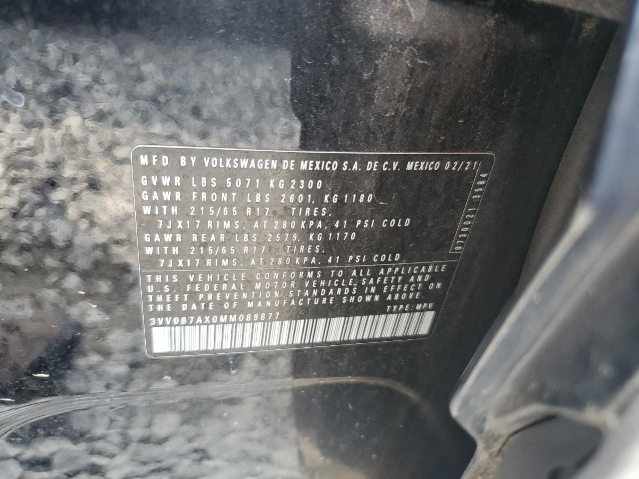 2021 Volkswagen Tiguan S VIN: 3VV0B7AX0MM089877 Lot: 64646075