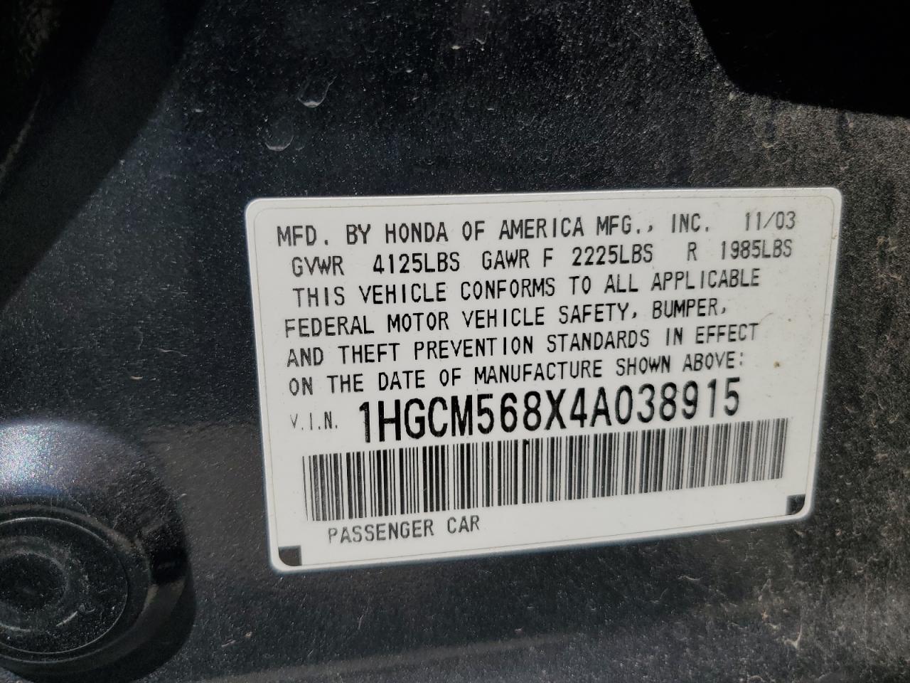 2004 Honda Accord Ex VIN: 1HGCM568X4A038915 Lot: 64140625