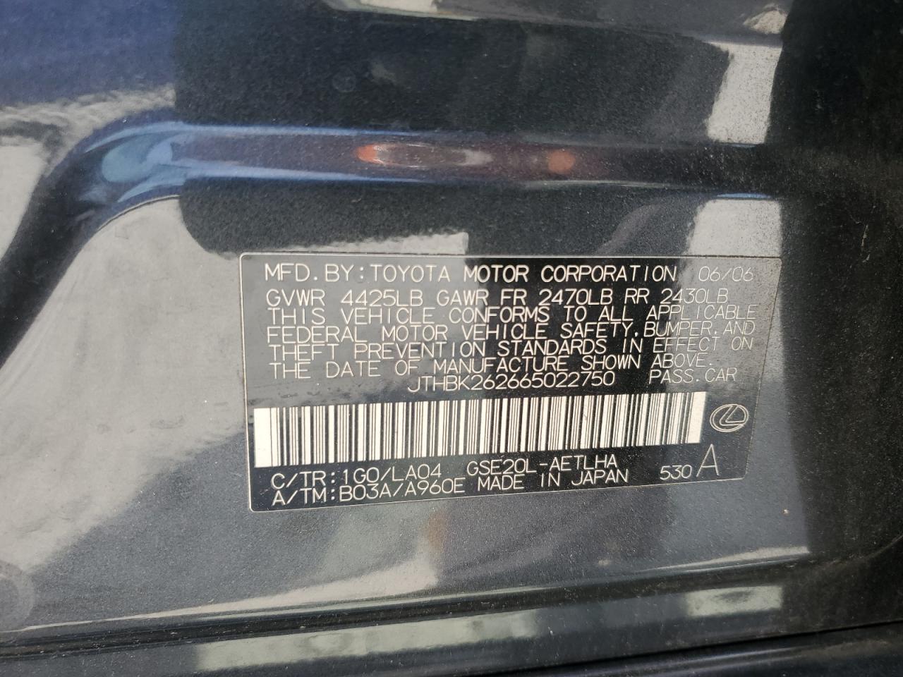 2006 Lexus Is 250 VIN: JTHBK262665022750 Lot: 62955465