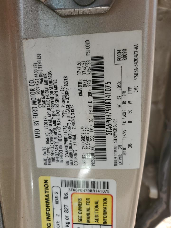 2017 Ford Fusion Se VIN: 3FA6P0H79HR141075 Lot: 65395495