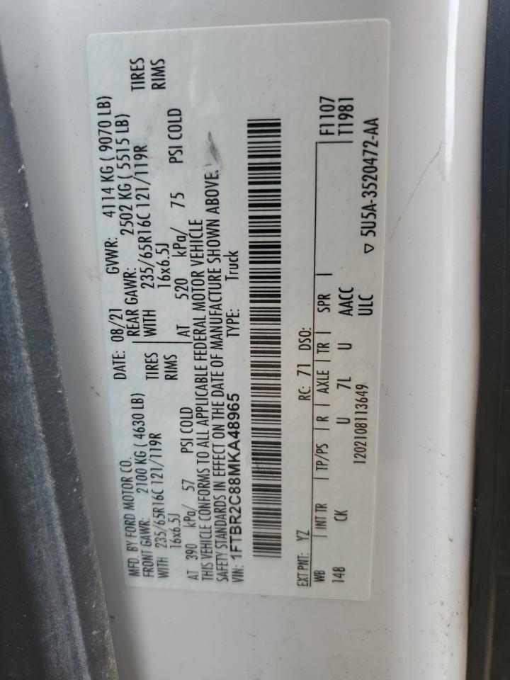 2021 Ford Transit T-250 VIN: 1FTBR2C88MKA48965 Lot: 63166005