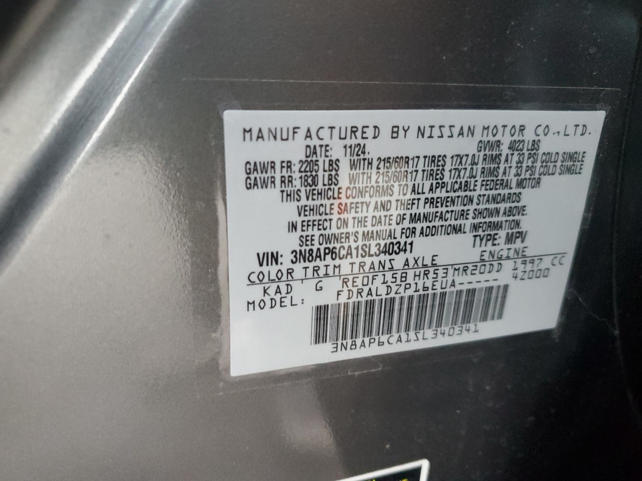 2025 Nissan Kicks Sv VIN: 3N8AP6CA1SL340341 Lot: 64422885