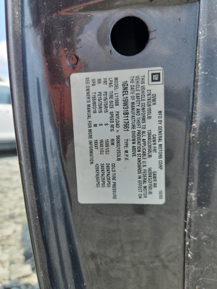 2001 Chevrolet Astro VIN: 1GNEL19W31B117661 Lot: 63974265