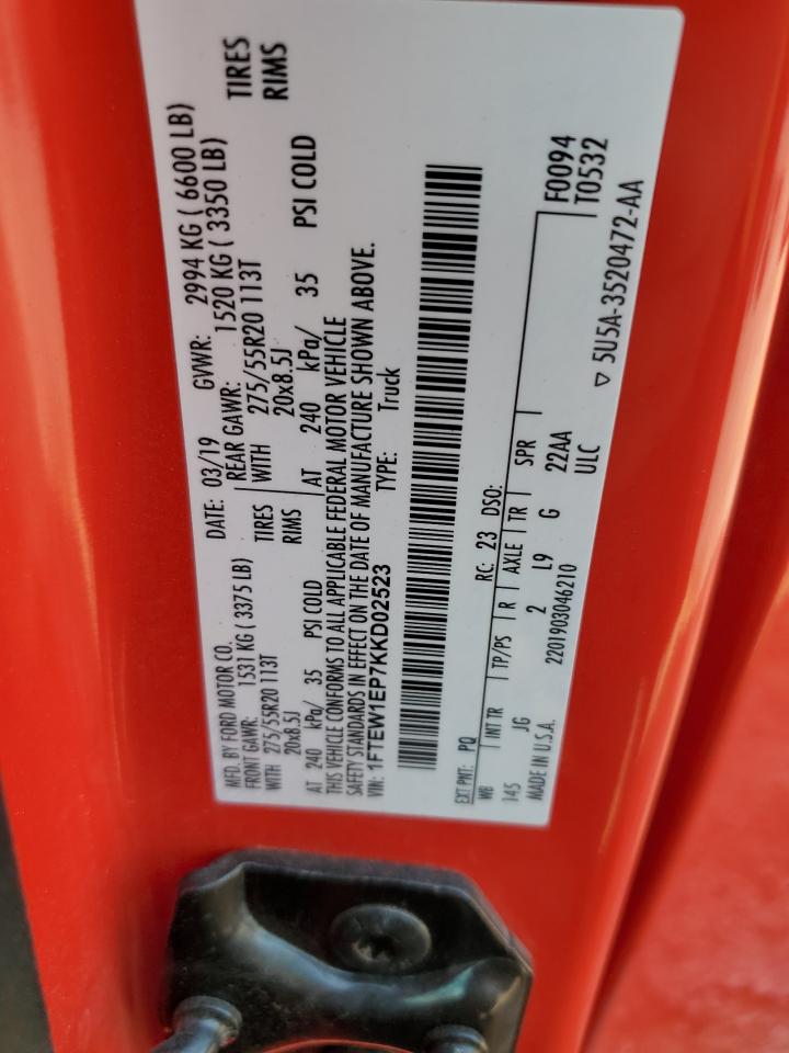 2019 Ford F150 Supercrew VIN: 1FTEW1EP7KKD02523 Lot: 66960085