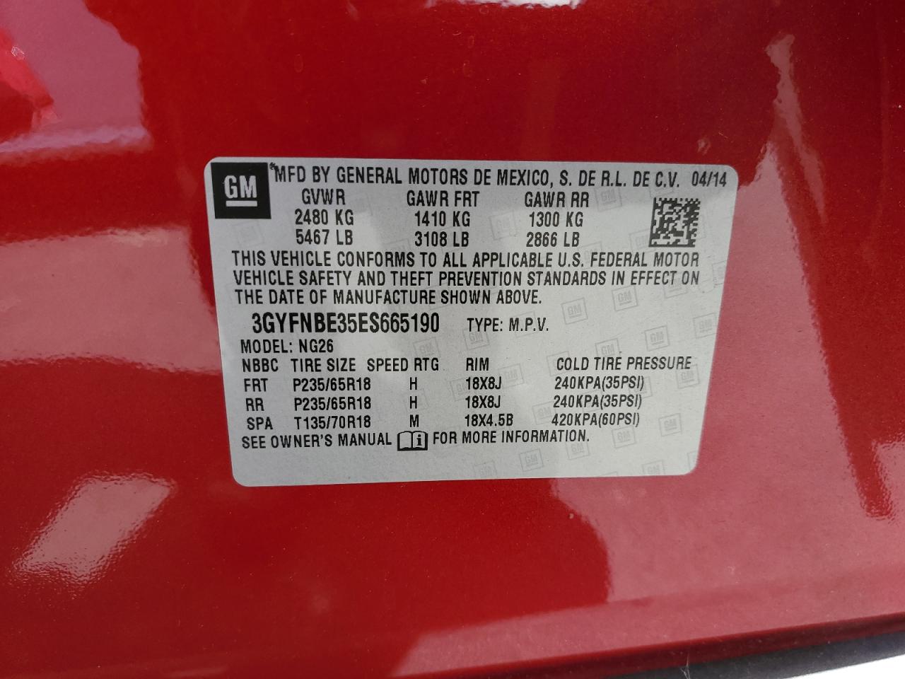 2014 Cadillac Srx Luxury Collection VIN: 3GYFNBE35ES665190 Lot: 63346615