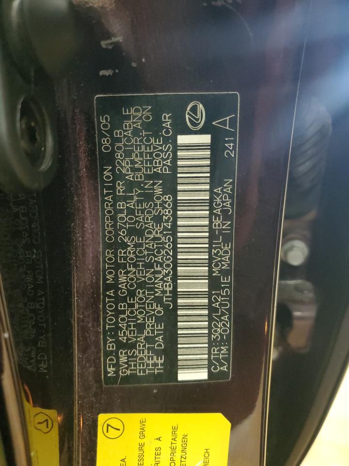 2006 Lexus Es 330 VIN: JTHBA30G265143868 Lot: 64044765