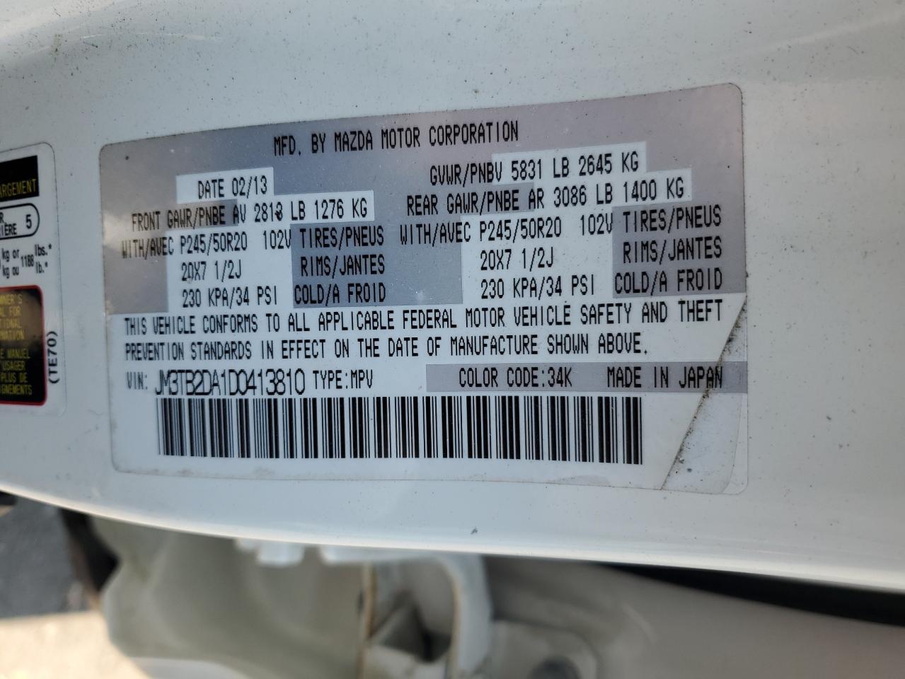 2013 Mazda Cx-9 Grand Touring VIN: JM3TB2DA1D0413810 Lot: 63456025