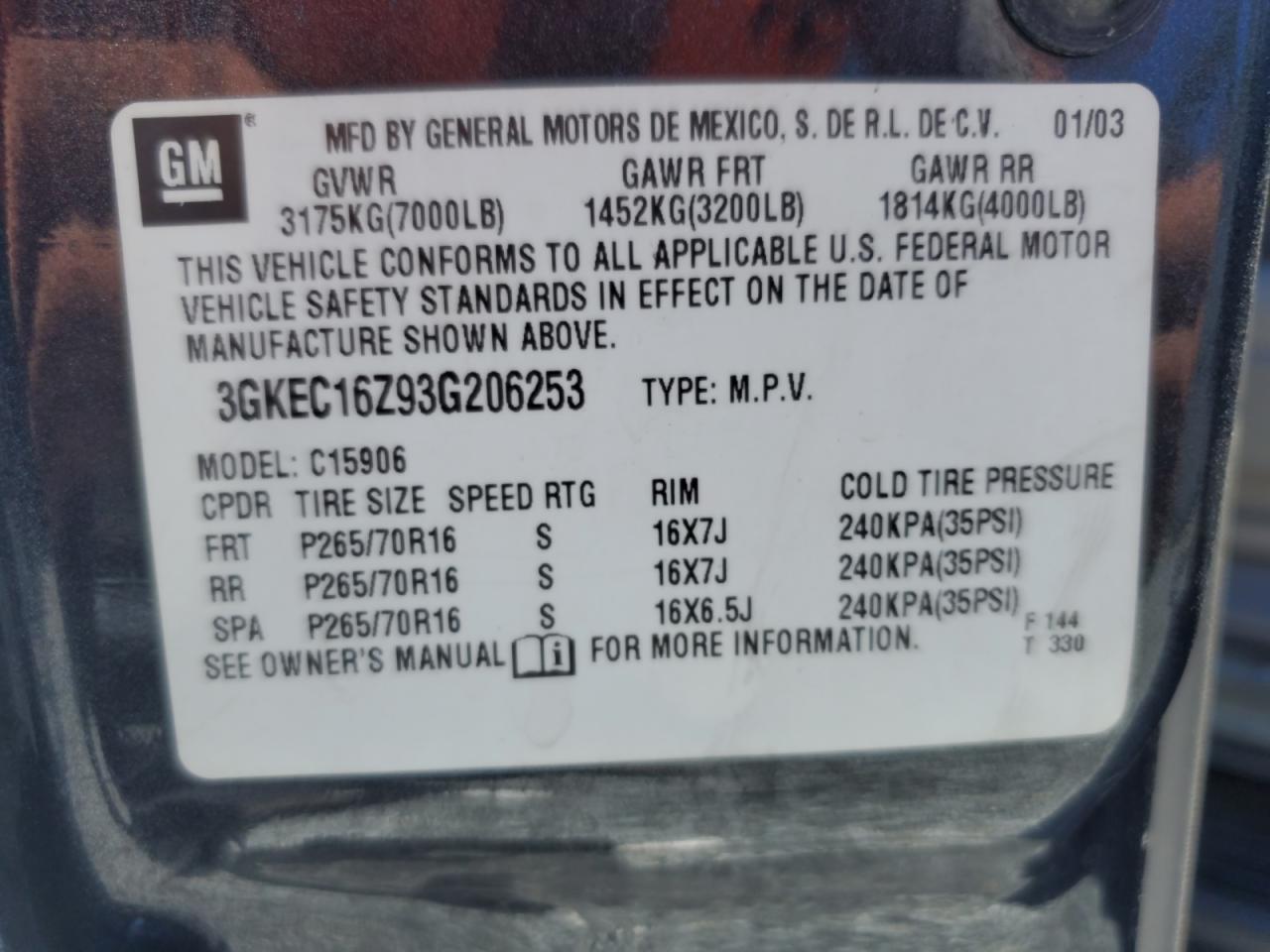 3gkec16z93g206253 3GKEC16Z93G206253 2003 GMC Yukon Xl C1500