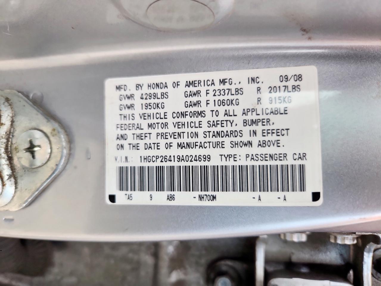 2009 Honda Accord Lxp VIN: 1HGCP26419A024699 Lot: 63417875