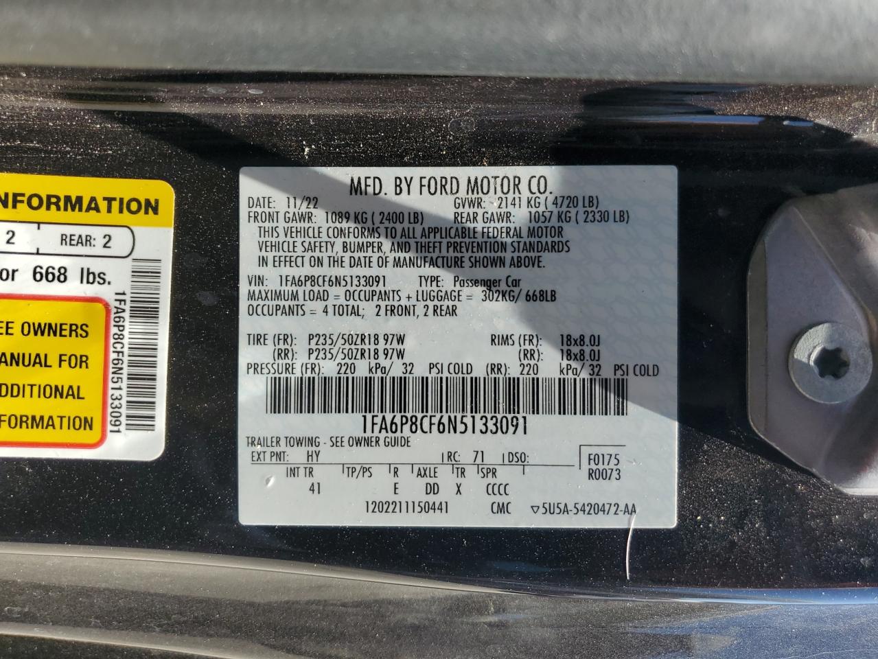 2022 Ford Mustang Gt VIN: 1FA6P8CF6N5133091 Lot: 64253075