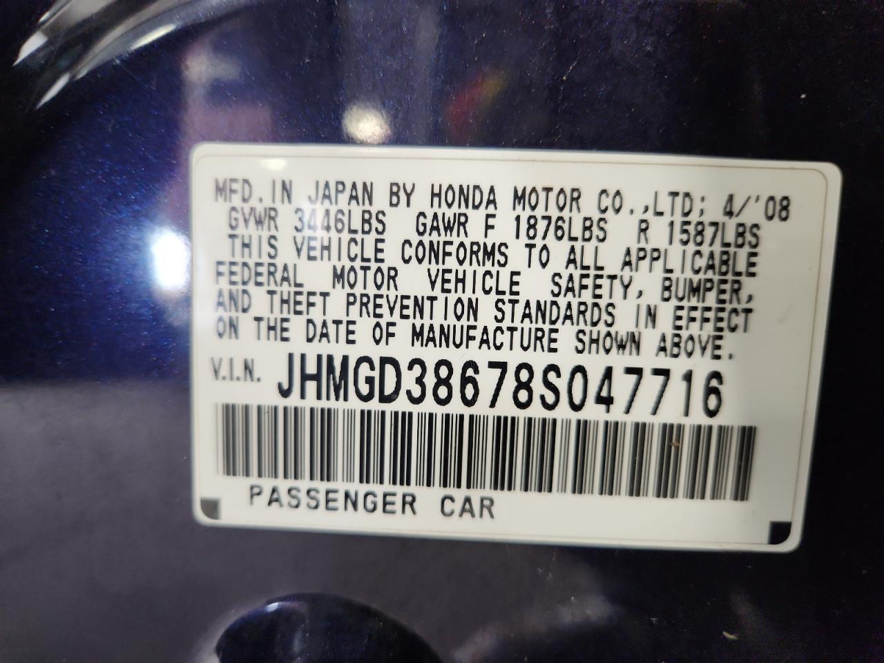 2008 Honda Fit Sport VIN: JHMGD38678S047716 Lot: 65052395
