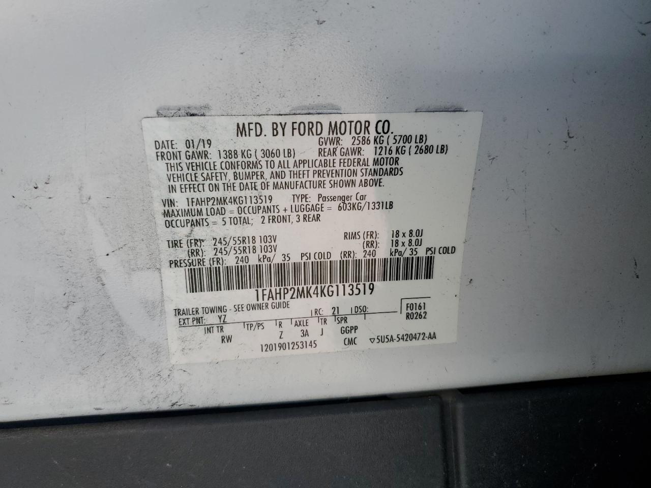 2019 Ford Taurus Police Interceptor VIN: 1FAHP2MK4KG113519 Lot: 65025415