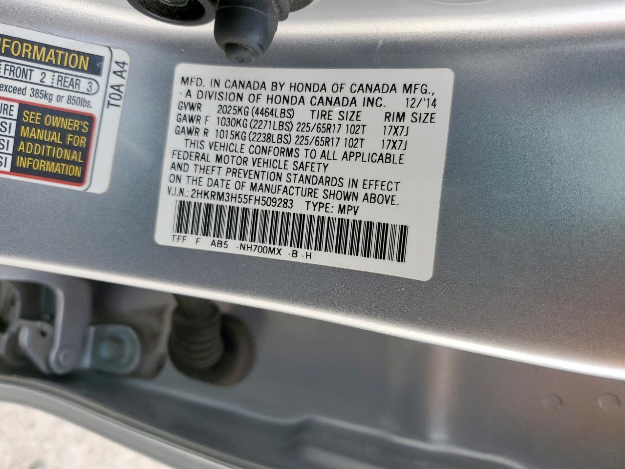 2015 Honda Cr-V Ex VIN: 2HKRM3H55FH509283 Lot: 65319935