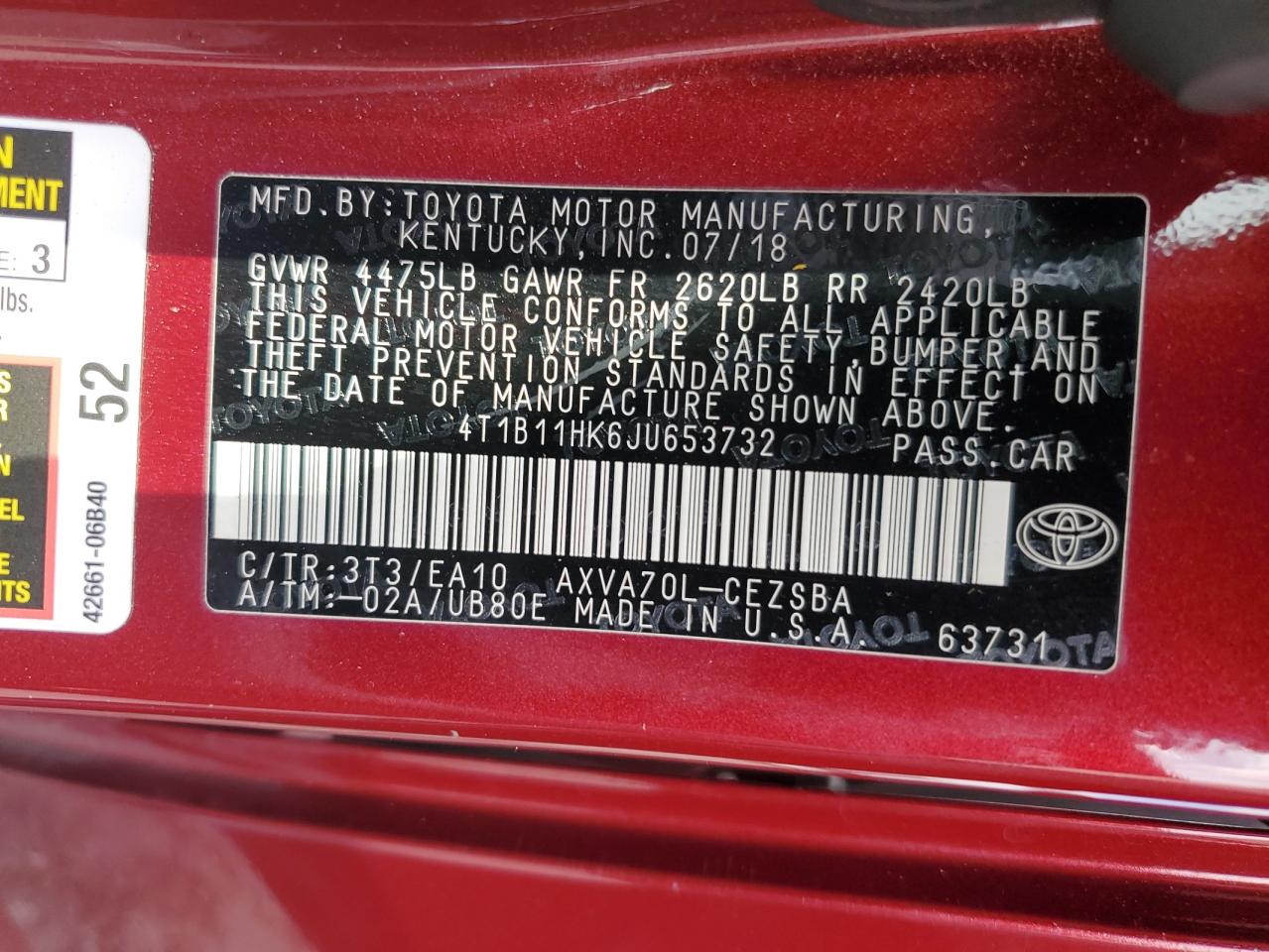 2018 Toyota Camry L VIN: 4T1B11HK6JU653732 Lot: 65089855