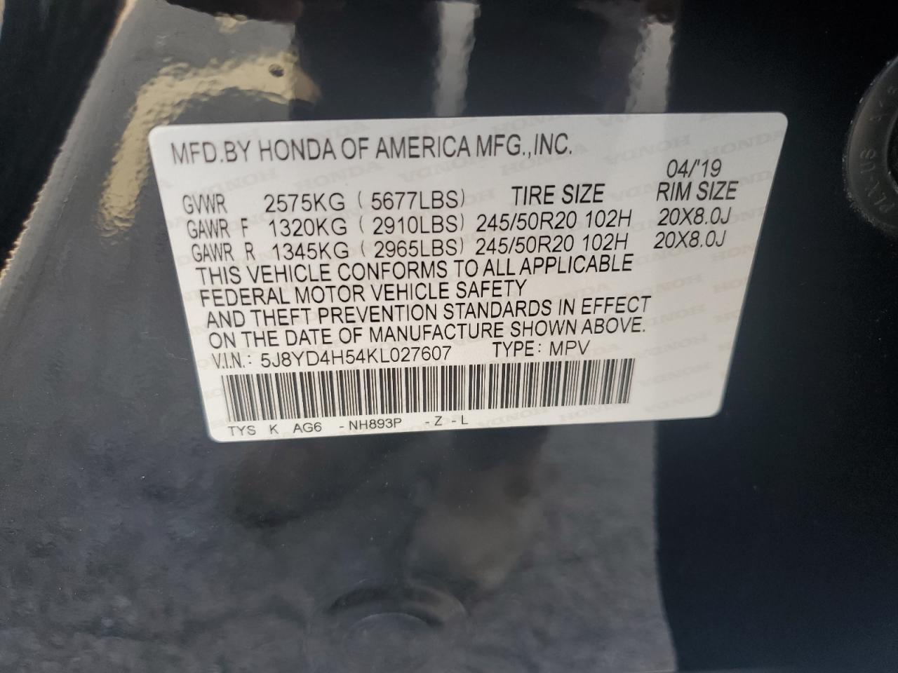5j8yd4h54kl027607 5J8YD4H54KL027607 2019 Acura Mdx Technology