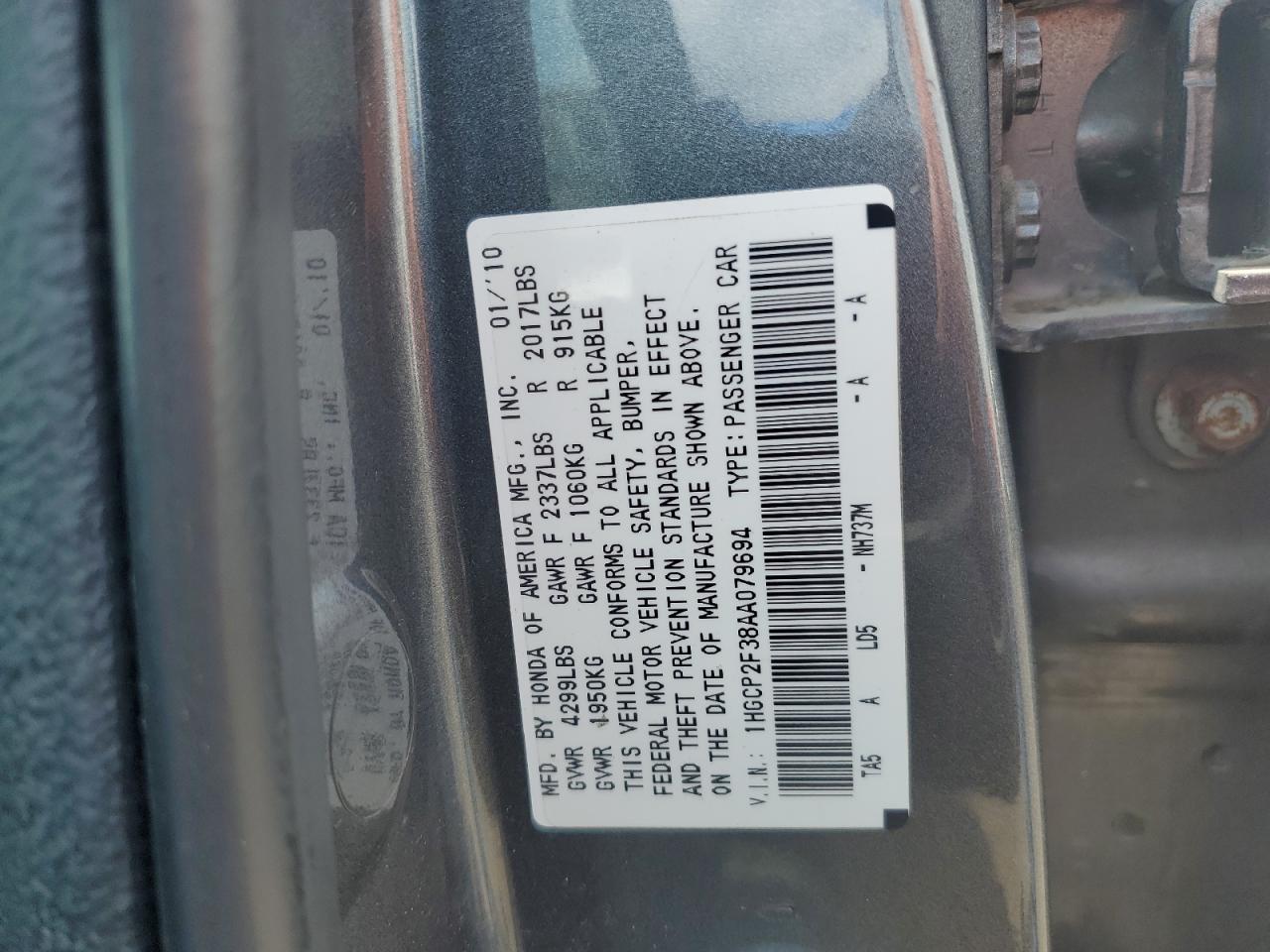 2010 Honda Accord Lx VIN: 1HGCP2F38AA079694 Lot: 63819865