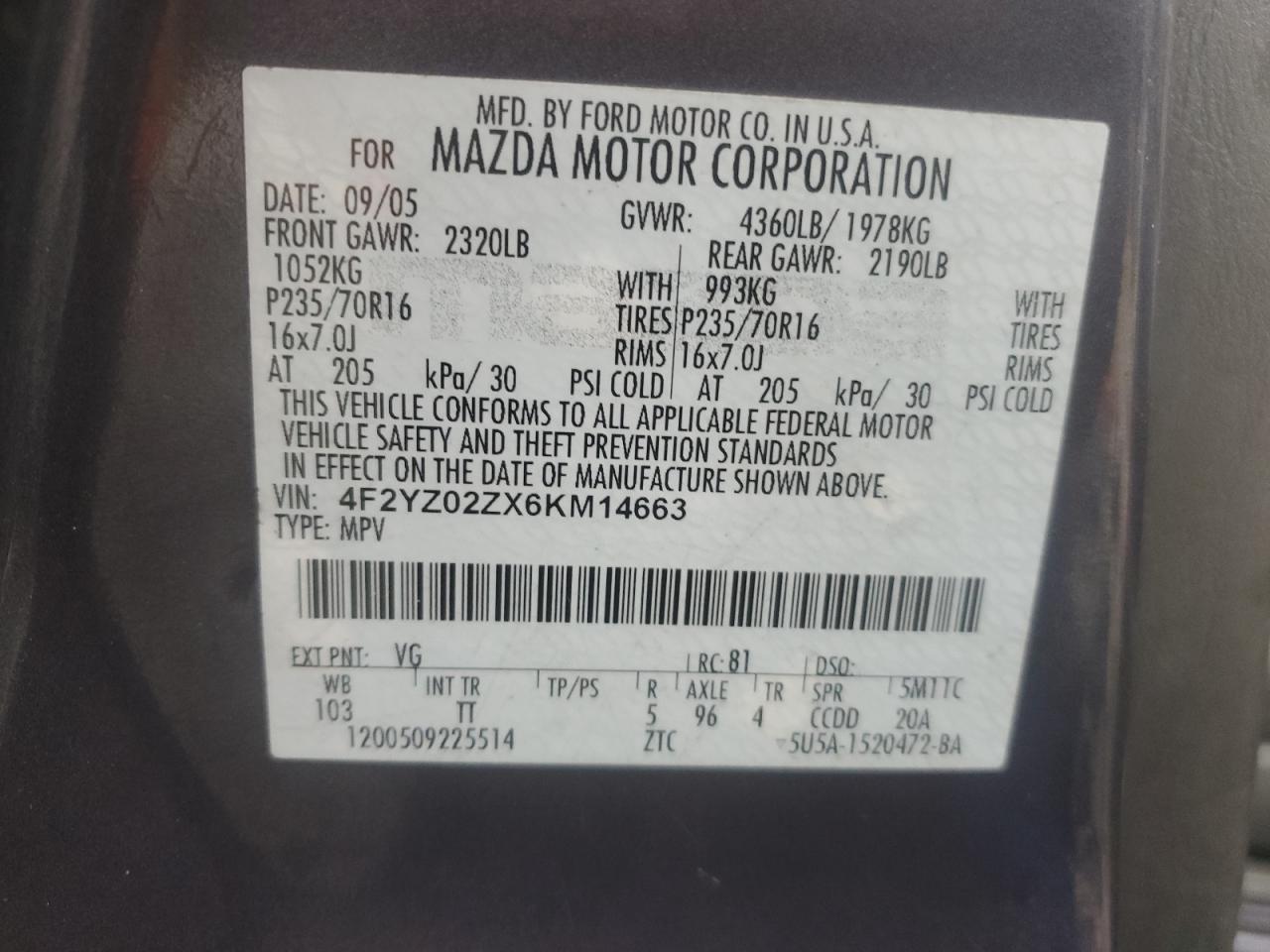 2006 Mazda Tribute I VIN: 4F2YZ02ZX6KM14663 Lot: 63098505