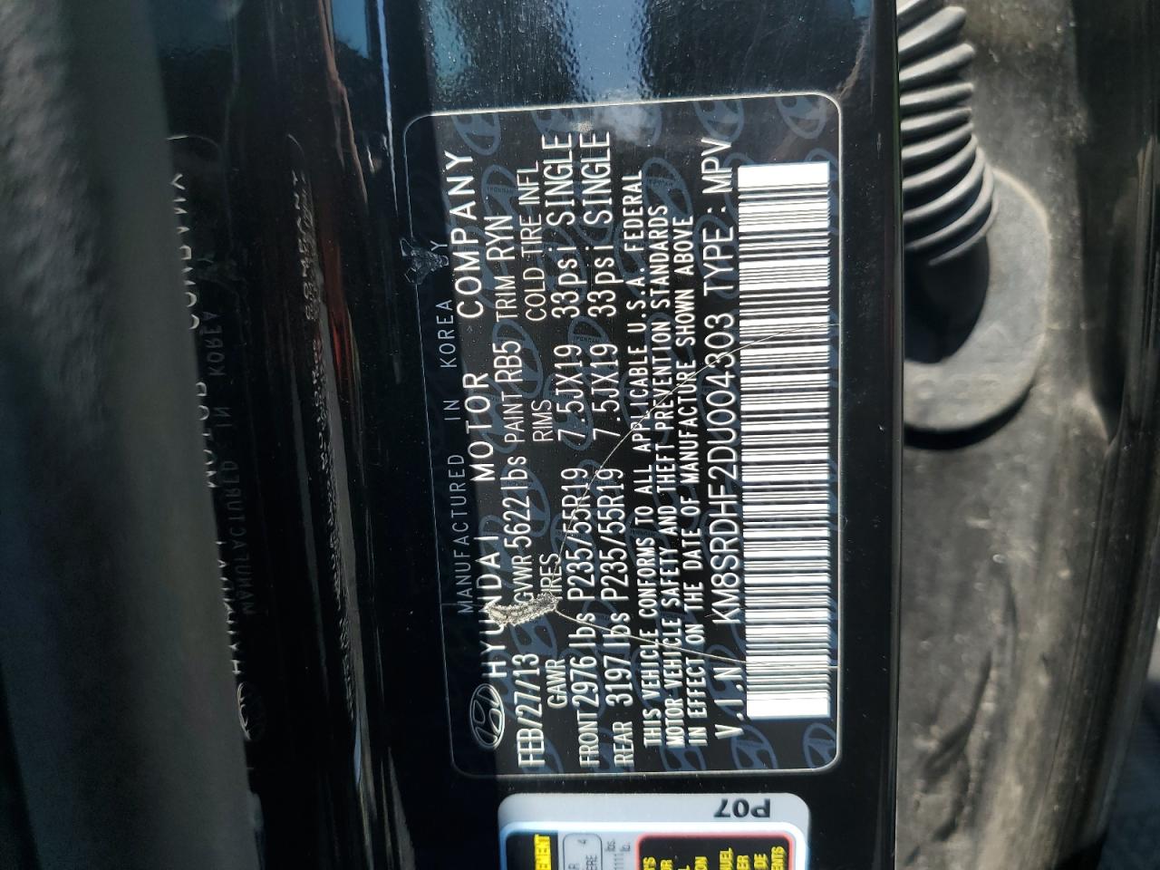 2013 Hyundai Santa Fe Limited VIN: KM8SRDHF2DU004303 Lot: 64779025