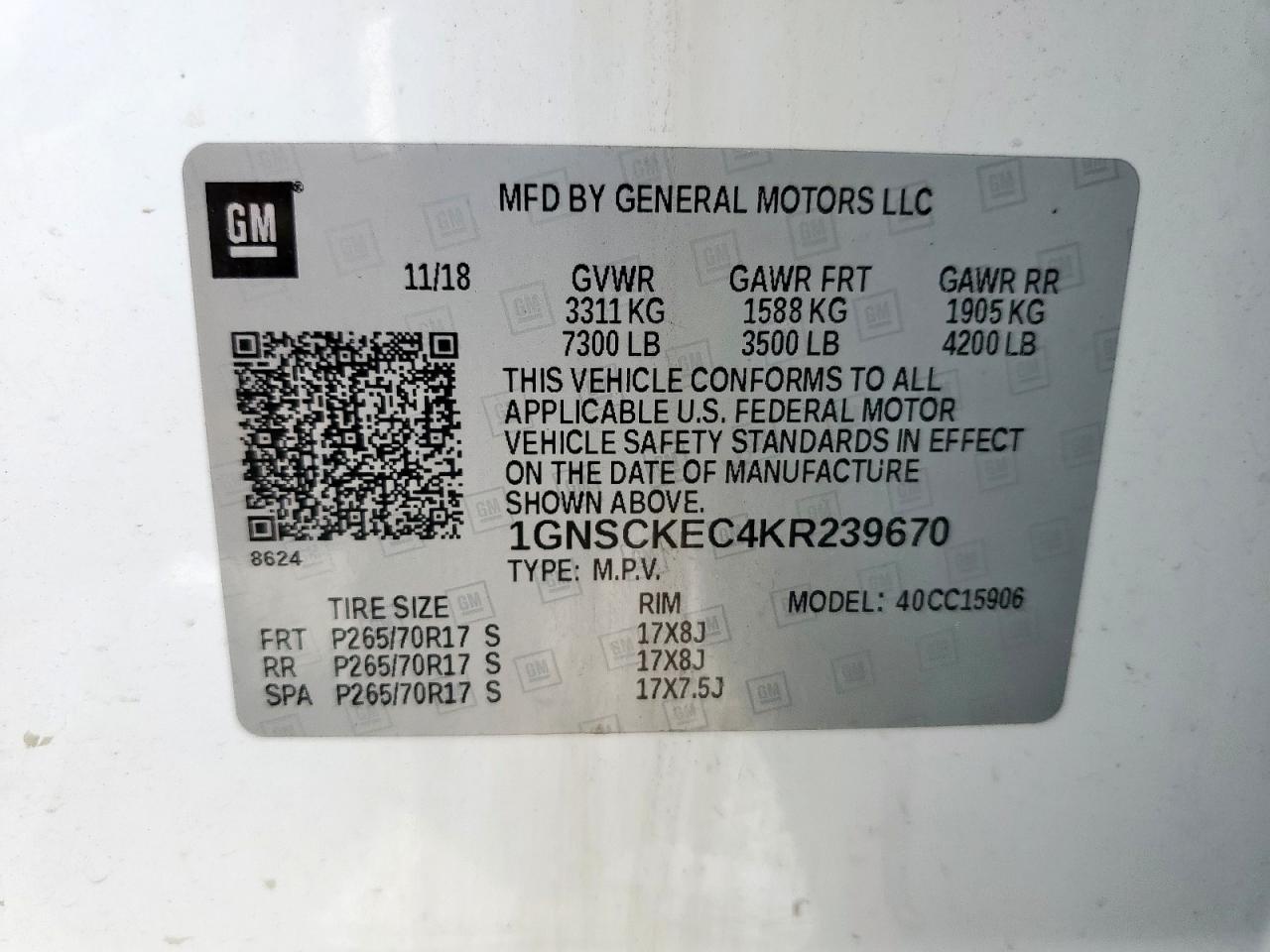 2019 Chevrolet Suburban C1500 VIN: 1GNSCKEC4KR239670 Lot: 63662175