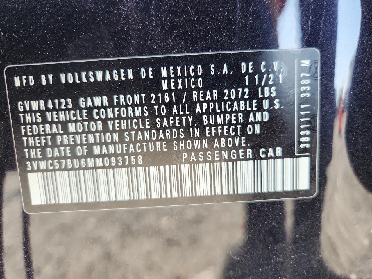 2021 Volkswagen Jetta S VIN: 3VWC57BU6MM093758 Lot: 66621505