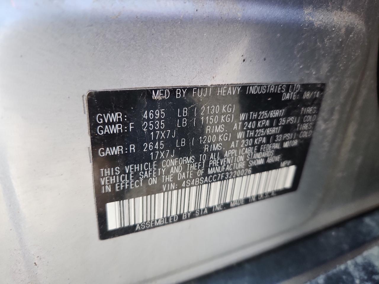 2015 Subaru Outback 2.5I Premium VIN: 4S4BSACC7F3220026 Lot: 65343475