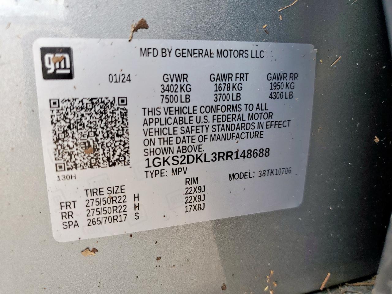 2024 GMC Yukon Denali VIN: 1GKS2DKL3RR148688 Lot: 63927635