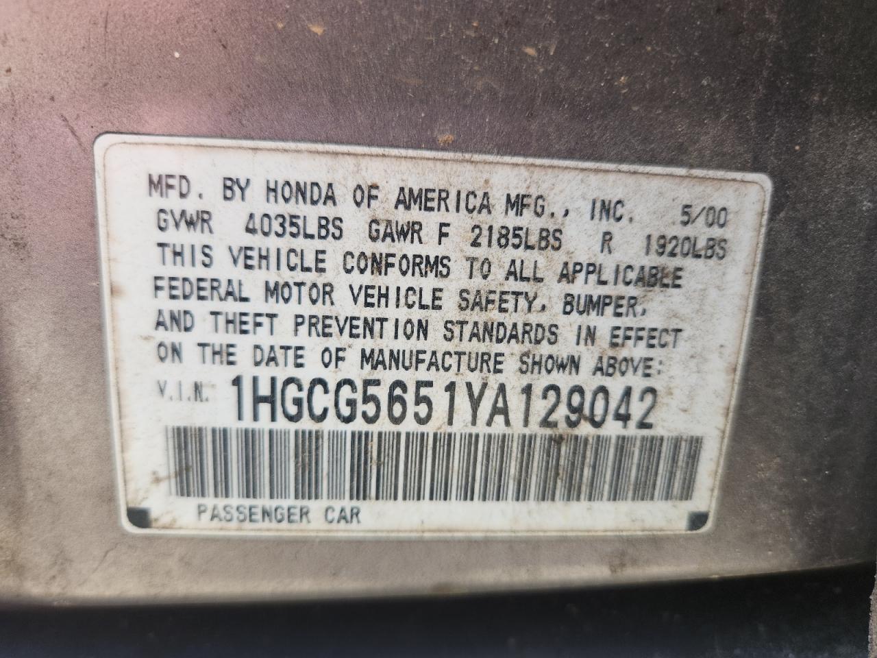 2000 Honda Accord Ex VIN: 1HGCG5651YA129042 Lot: 63339905