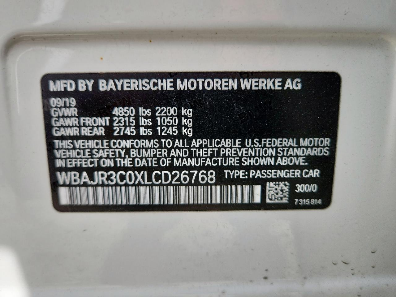 2020 BMW 530 I VIN: WBAJR3C0XLCD26768 Lot: 62909465