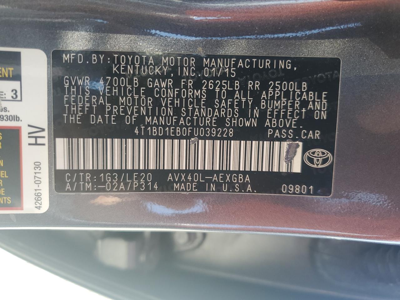 2015 Toyota Avalon Hybrid VIN: 4T1BD1EB0FU039228 Lot: 64982015