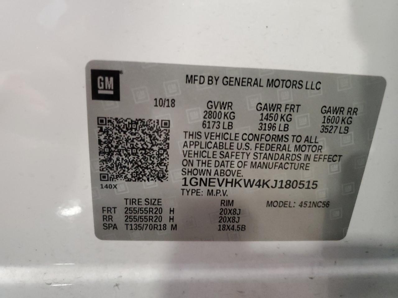 2019 Chevrolet Traverse Lt VIN: 1GNEVHKW4KJ180515 Lot: 63699445