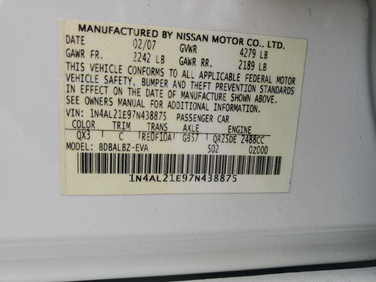 2007 Nissan Altima 2.5 VIN: 1N4AL21E97N438875 Lot: 63830465