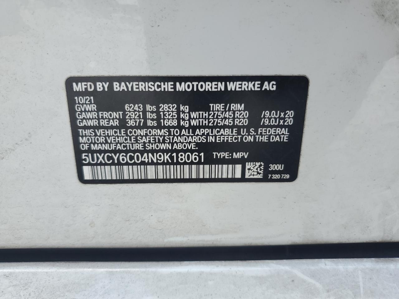 2022 BMW X6 xDrive40I VIN: 5UXCY6C04N9K18061 Lot: 64373235