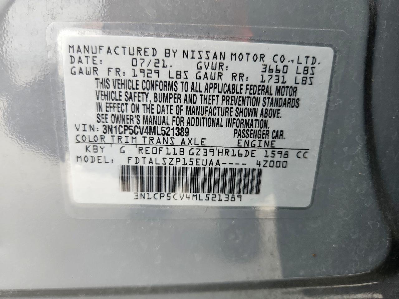 2021 Nissan Kicks Sv VIN: 3N1CP5CV4ML521389 Lot: 63597315