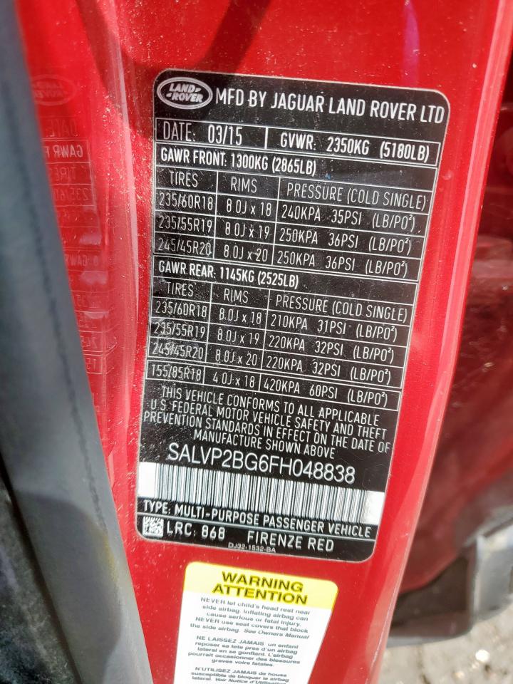 2015 Land Rover Range Rover Evoque Pure Plus VIN: SALVP2BG6FH048838 Lot: 64728465