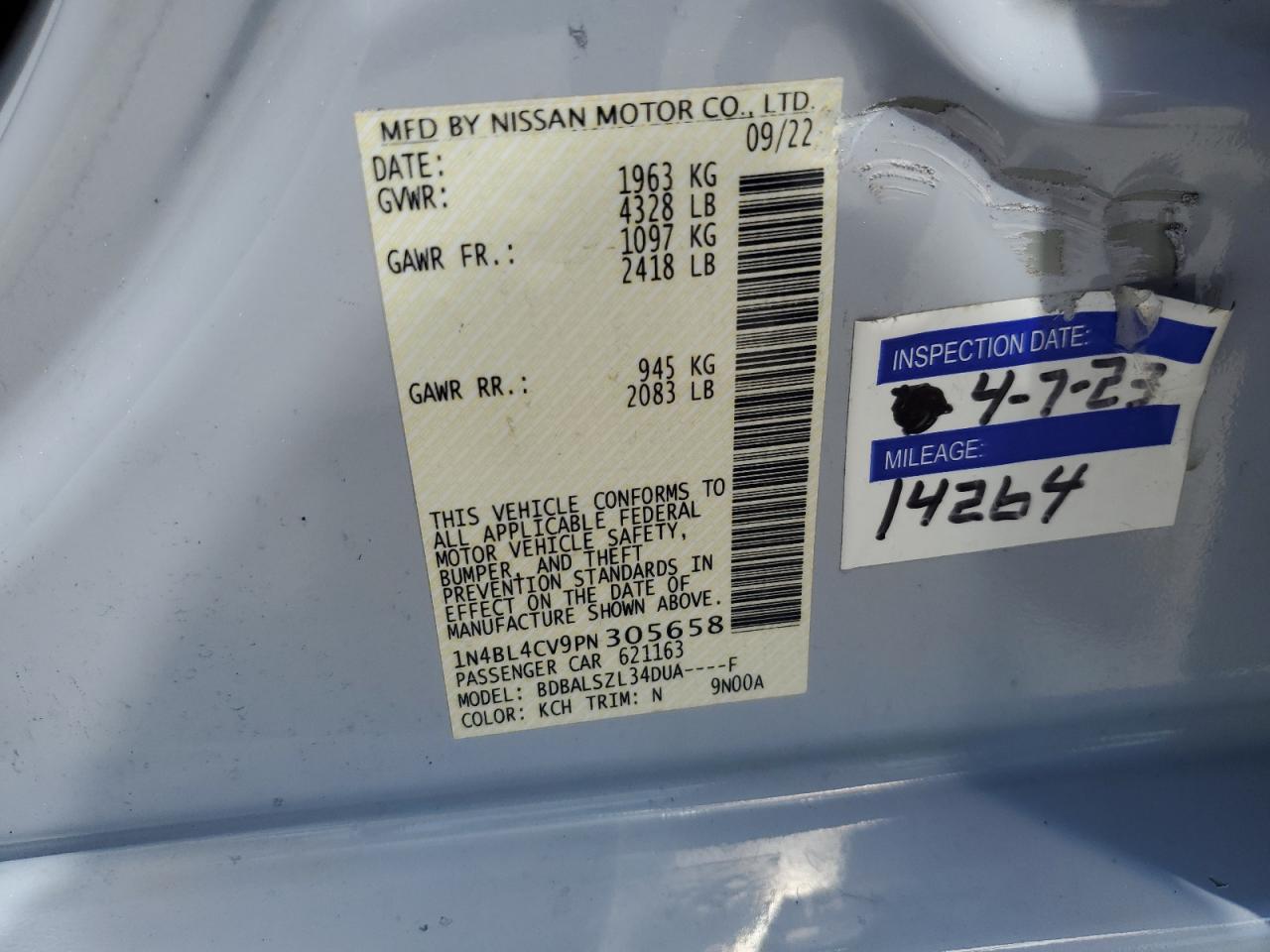 2023 Nissan Altima Sr VIN: 1N4BL4CV9PN305658 Lot: 64323015