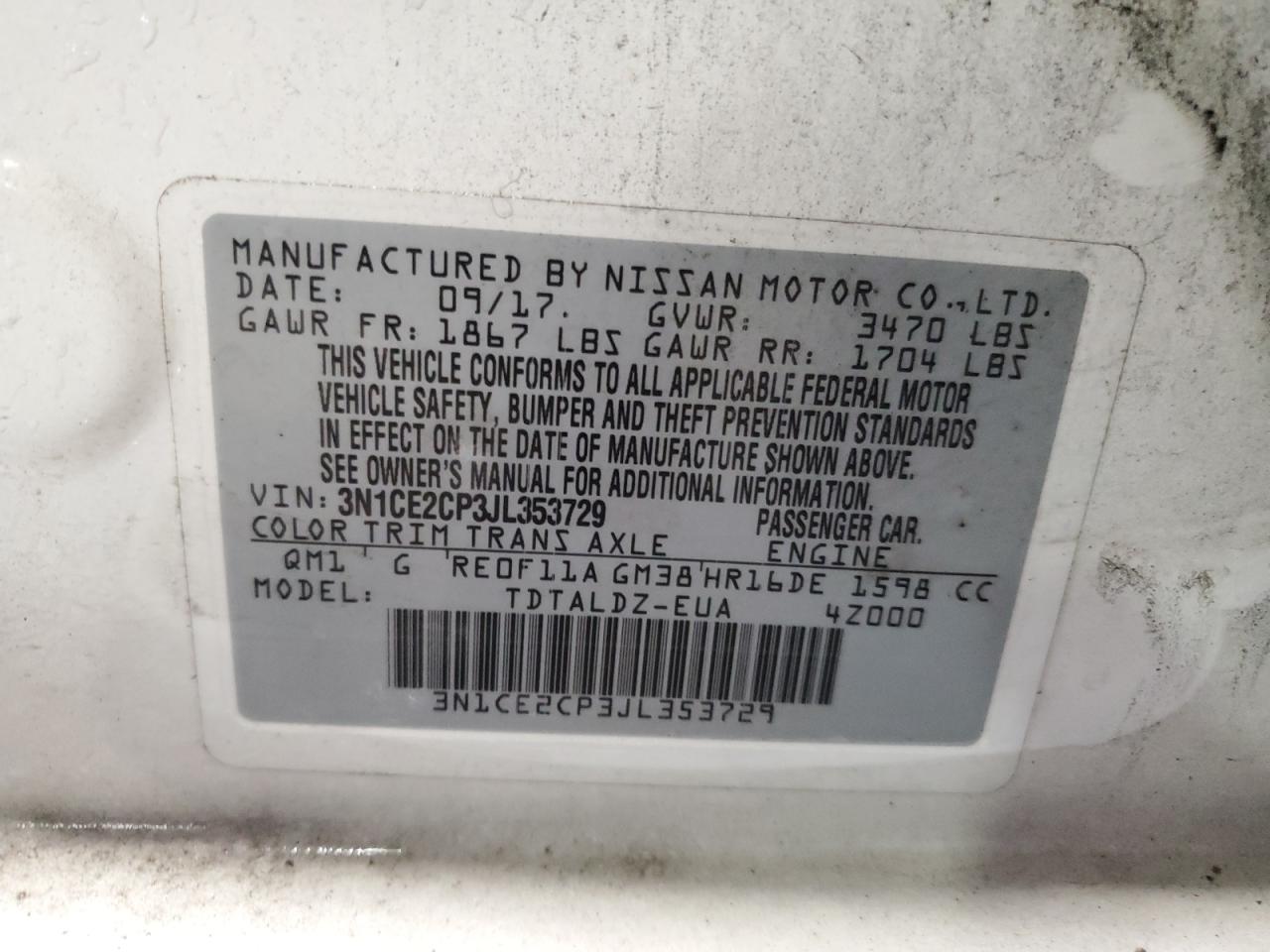 2018 Nissan Versa Note S VIN: 3N1CE2CP3JL353729 Lot: 64300725