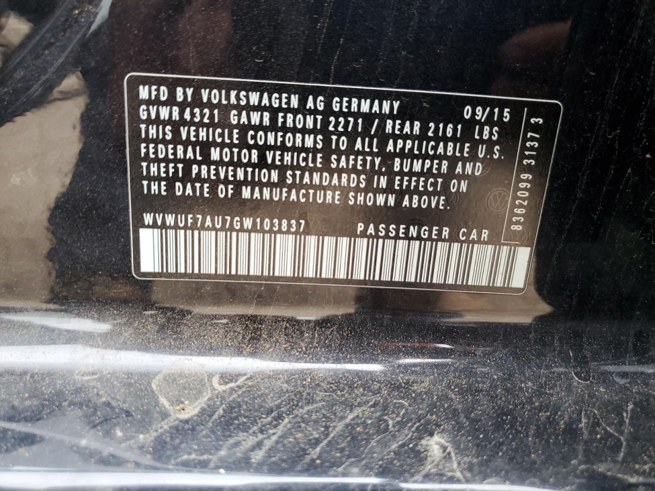 2016 Volkswagen Golf R VIN: WVWUF7AU7GW103837 Lot: 66710305