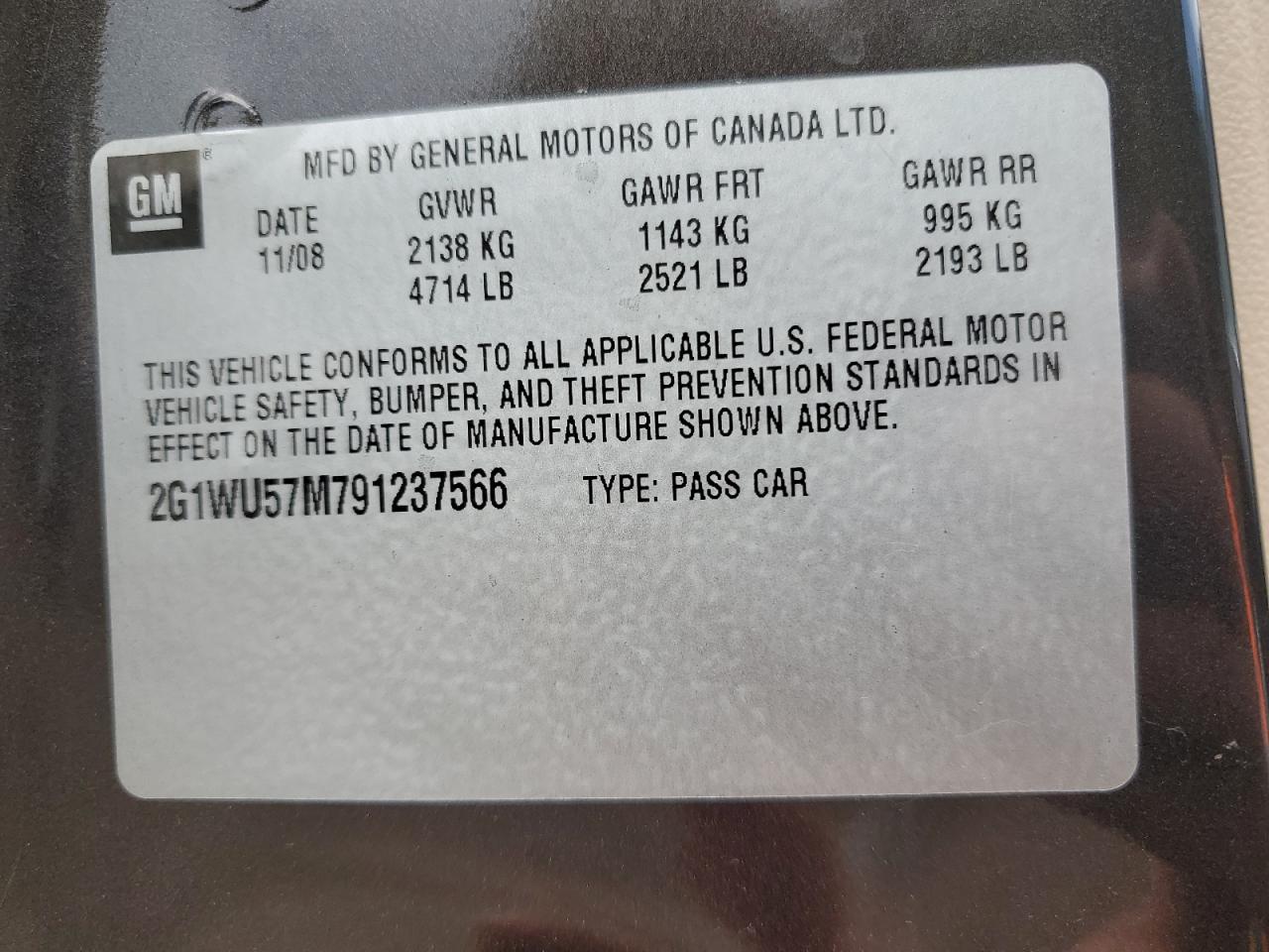2009 Chevrolet Impala Ltz VIN: 2G1WU57M791237566 Lot: 63550825