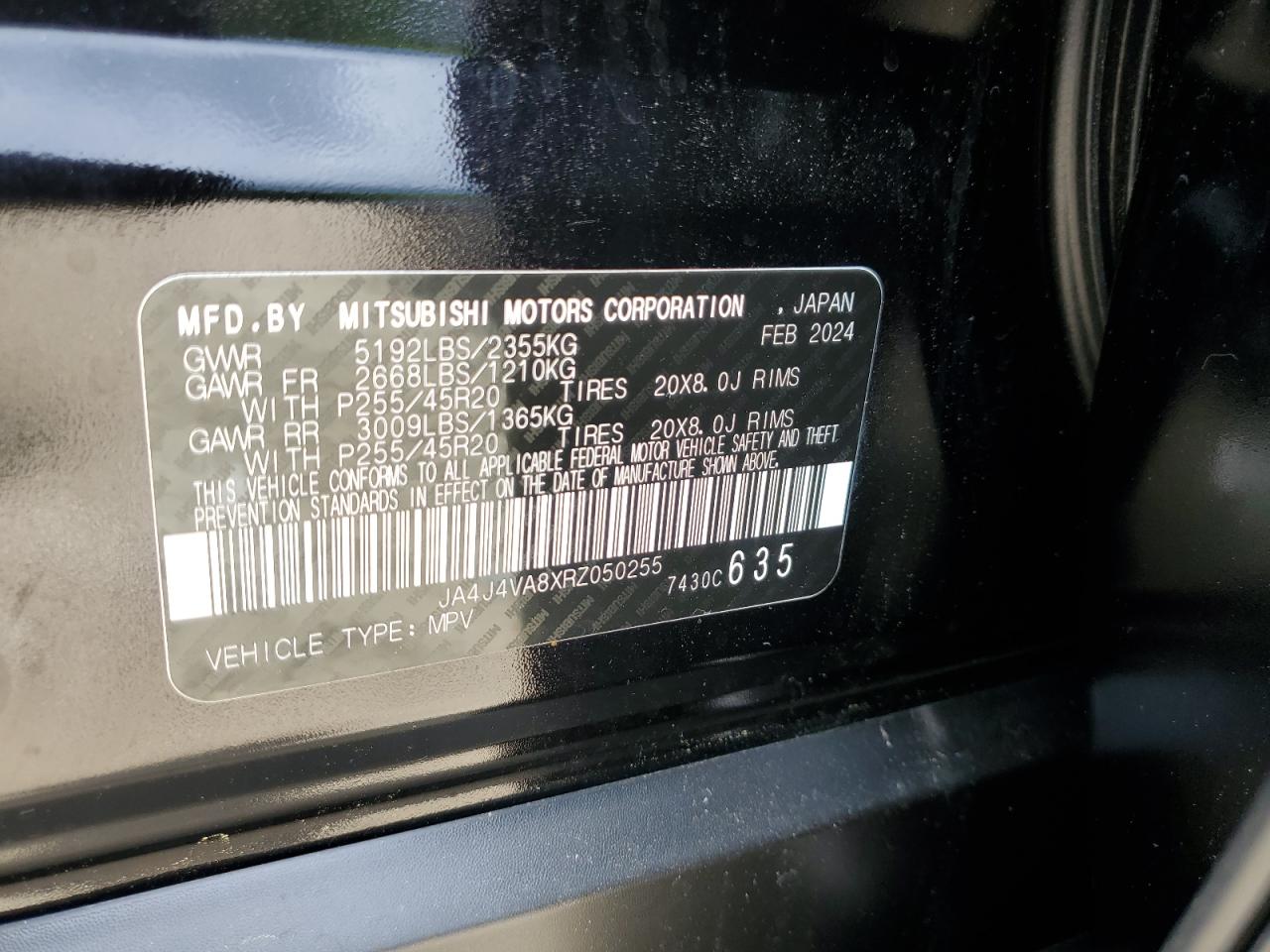 2024 Mitsubishi Outlander Se VIN: JA4J4VA8XRZ050255 Lot: 63855325