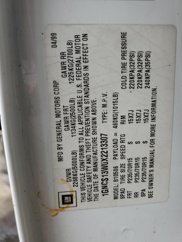 1gncs13w0x2213307 1GNCS13W0X2213307 1999 Chevrolet Blazer