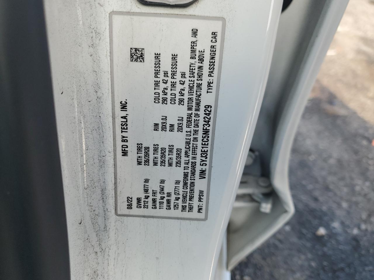 2022 Tesla Model 3 VIN: 5YJ3E1EC5NF342429 Lot: 64284835