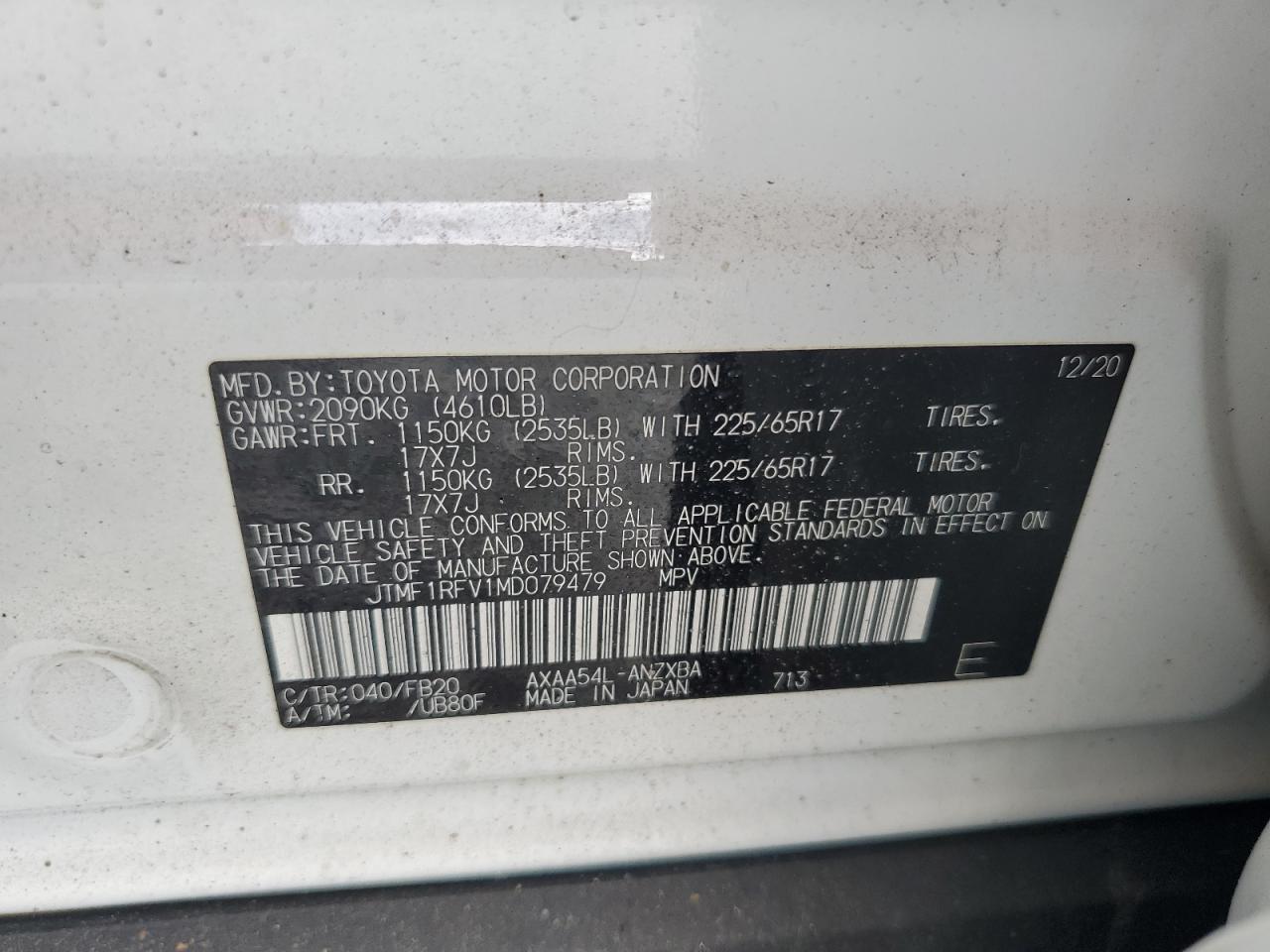 2021 Toyota Rav4 Le VIN: JTMF1RFV1MD079479 Lot: 65117365
