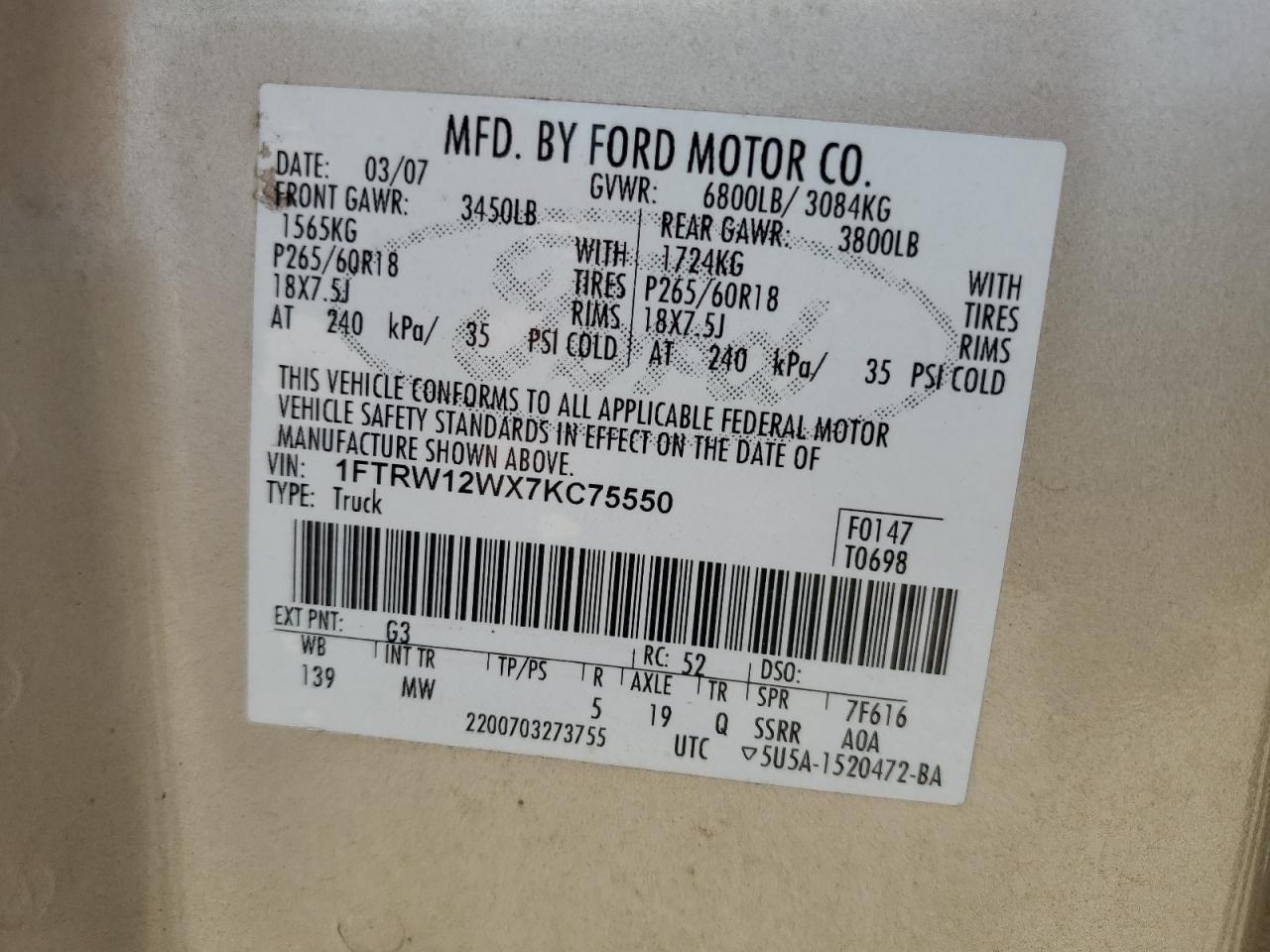 2007 Ford F150 Supercrew VIN: 1FTRW12WX7KC75550 Lot: 65802085