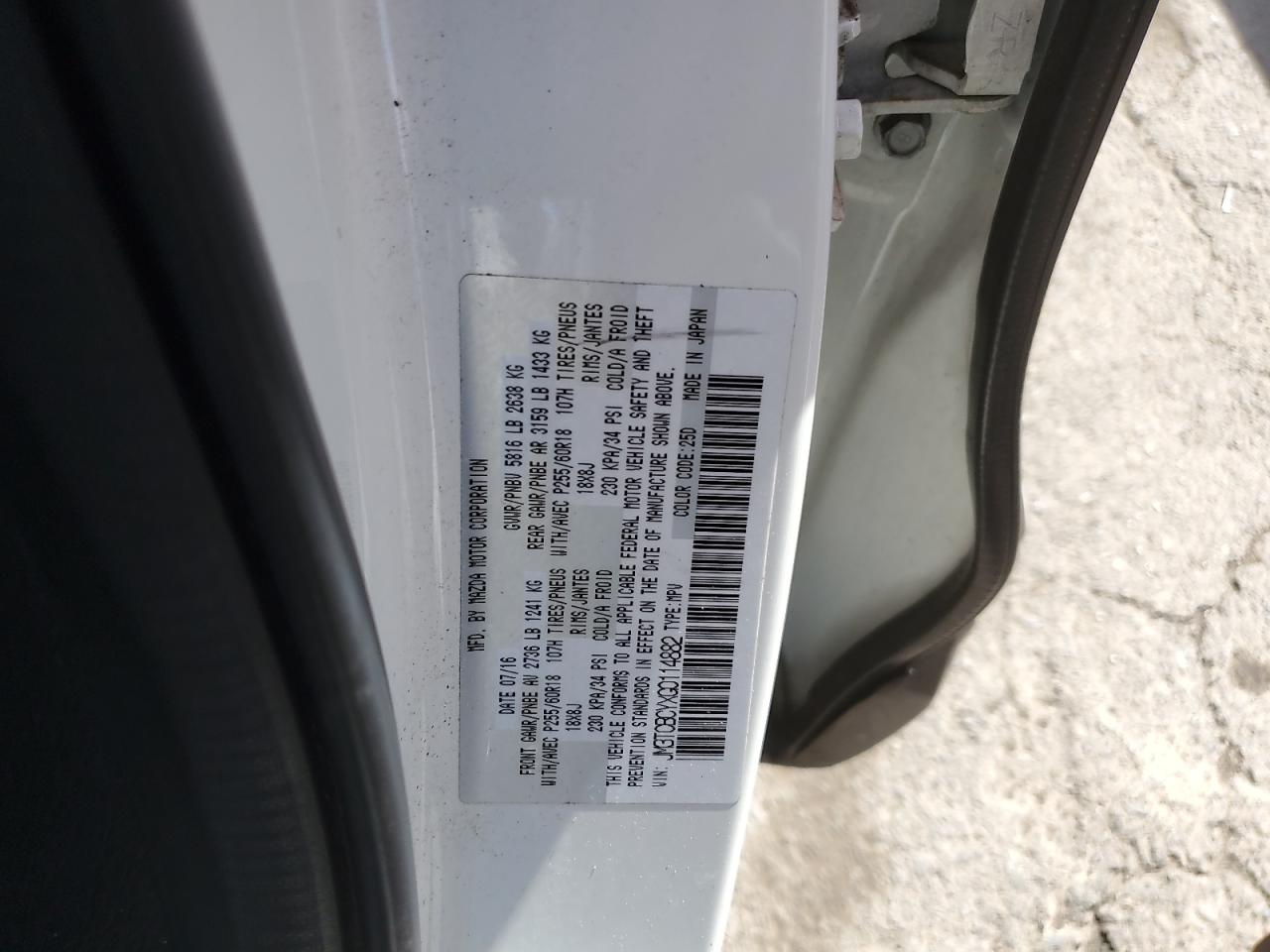 2016 Mazda Cx-9 Touring VIN: JM3TCBCYXG0114882 Lot: 63245195