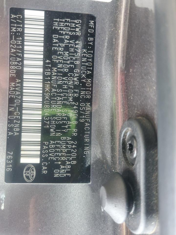 2019 Toyota Camry L VIN: 4T1B11HK9KU804371 Lot: 65196835