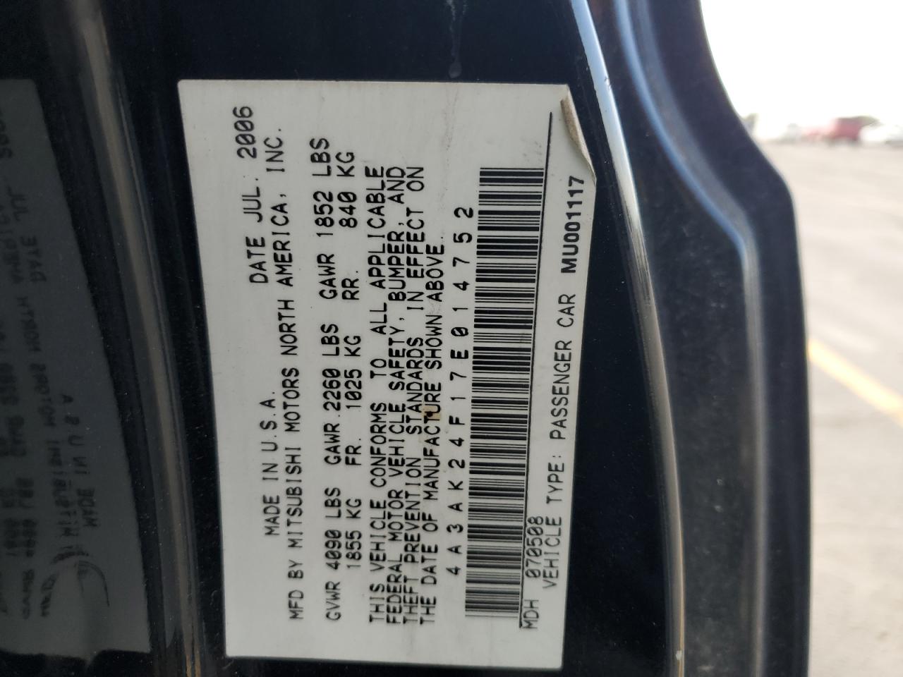 2007 Mitsubishi Eclipse Gs VIN: 4A3AK24F17E014752 Lot: 63044585