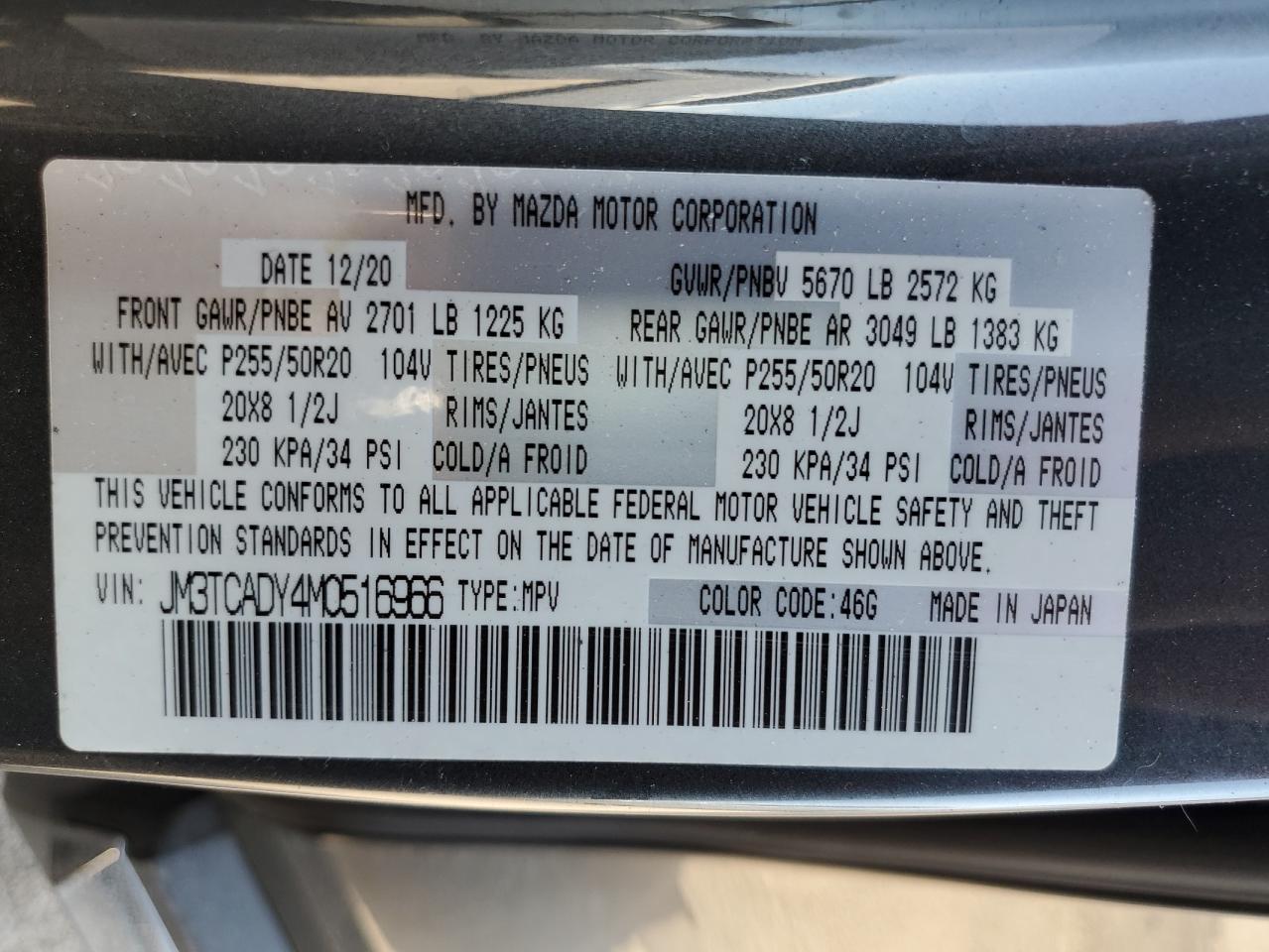 2021 Mazda Cx-9 Grand Touring VIN: JM3TCADY4M0516966 Lot: 64929735