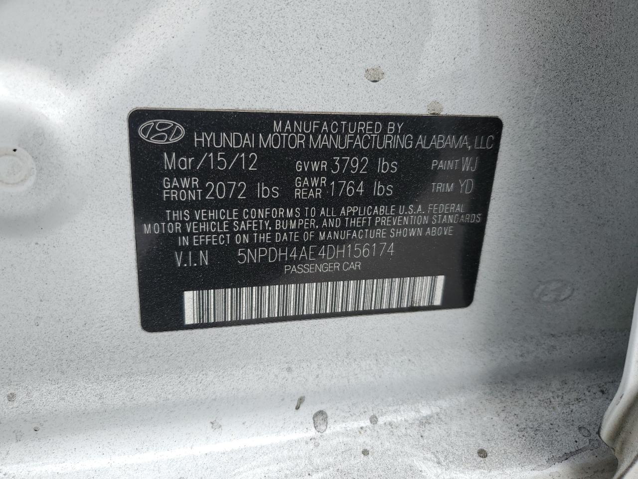 2013 Hyundai Elantra Gls VIN: 5NPDH4AE4DH156174 Lot: 64622005