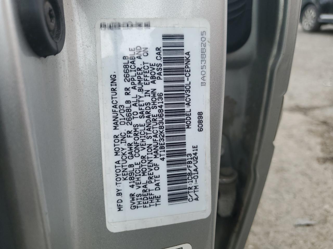 2003 Toyota Camry Le VIN: 4T1BE32K83U684136 Lot: 64254055