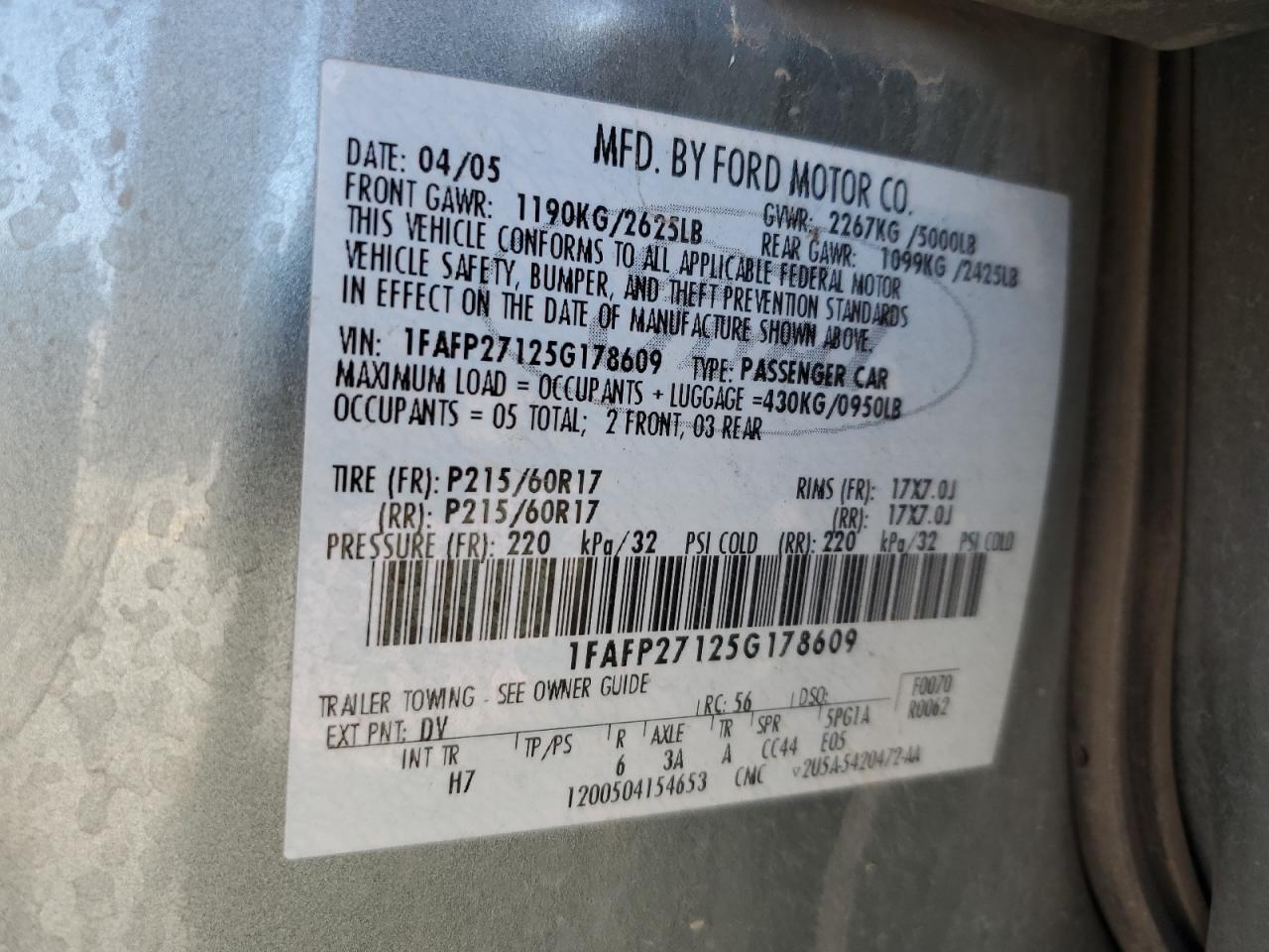 2005 Ford Five Hundred Sel VIN: 1FAFP27125G178609 Lot: 63795665